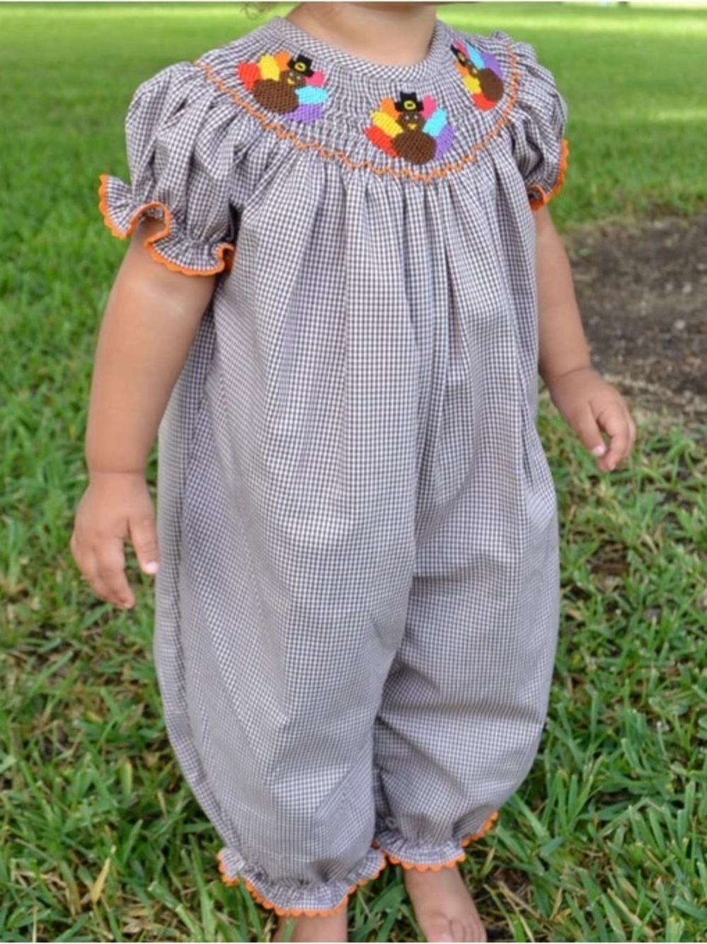 Smocked Gingham Kids Romper in Brown with Colorful Turkey Embroidery